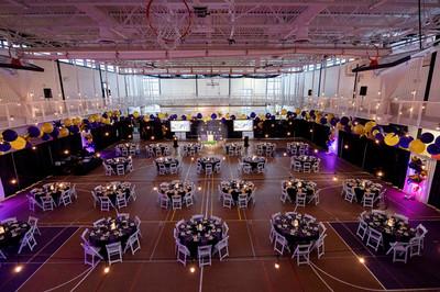 Tables and chairs at a ballroom event